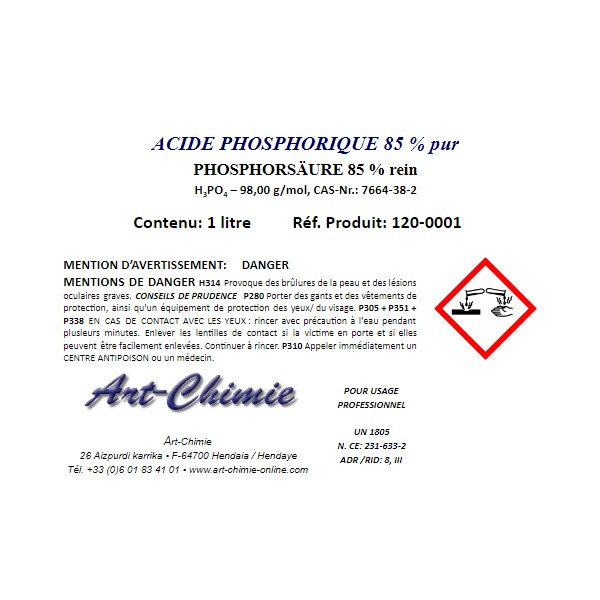 Acide phosphorique 85 % - RPE - pour analyse - flacon plastique 1 litre -  CAS = 7664-38-2 - Matériel de laboratoire