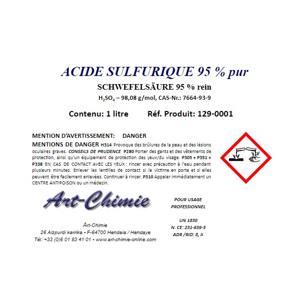 Acide sulfurique - pur (H2SO4) min 95% -Huile de Vitriol- haute pureté