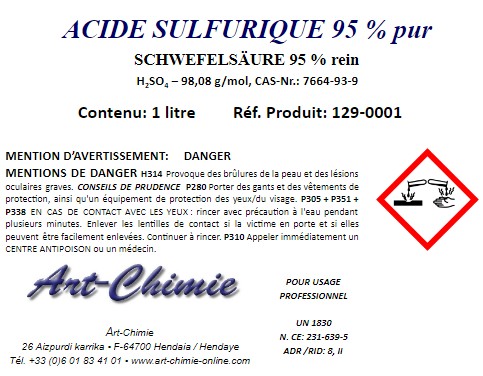 Acide sulfurique - pur (H2SO4) min 95% -Huile de Vitriol- haute pureté
