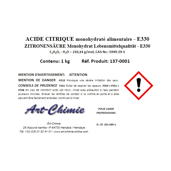 Acide citrique 25 kg, E330, qualité alimentaire